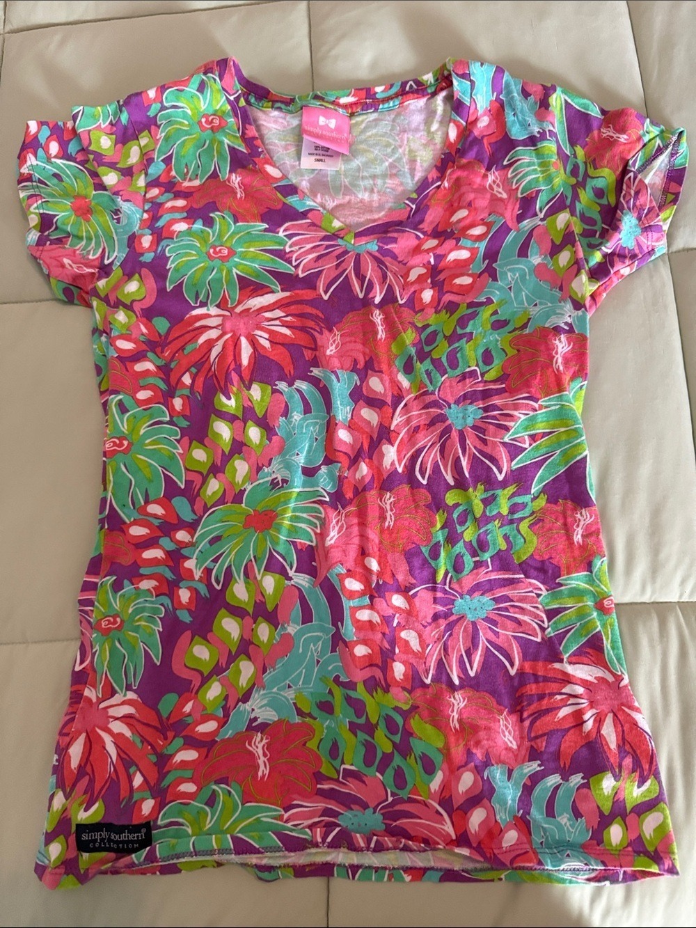 #0182 Simply Southern Short Sleeve V-Neck Tee in Pink, Purple, Green, Teal - S